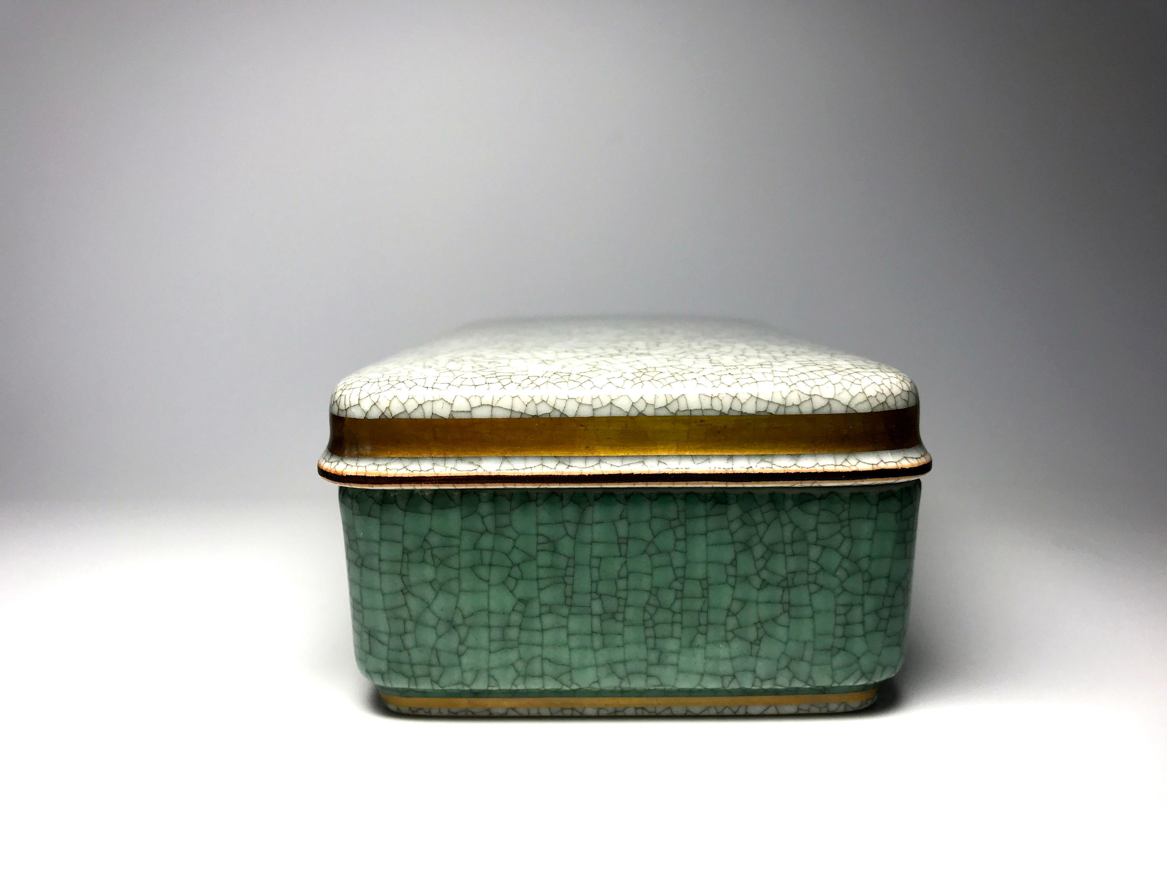 Danish Royal Copenhagen Art Deco Green, Gilt 1959 Crackle Glaze Lidded Desk Box #3630