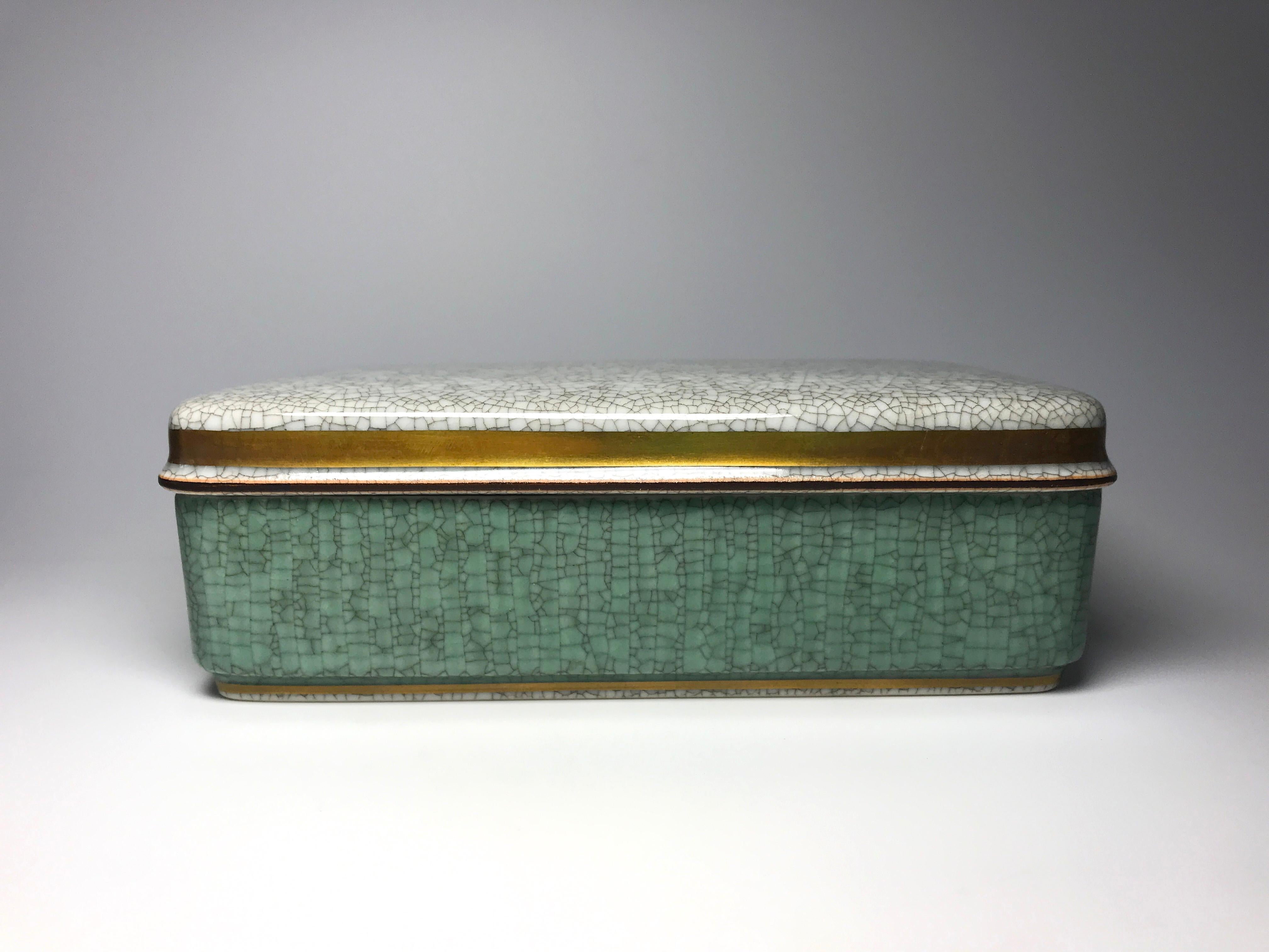 Glazed Royal Copenhagen Art Deco Green, Gilt 1959 Crackle Glaze Lidded Desk Box #3630