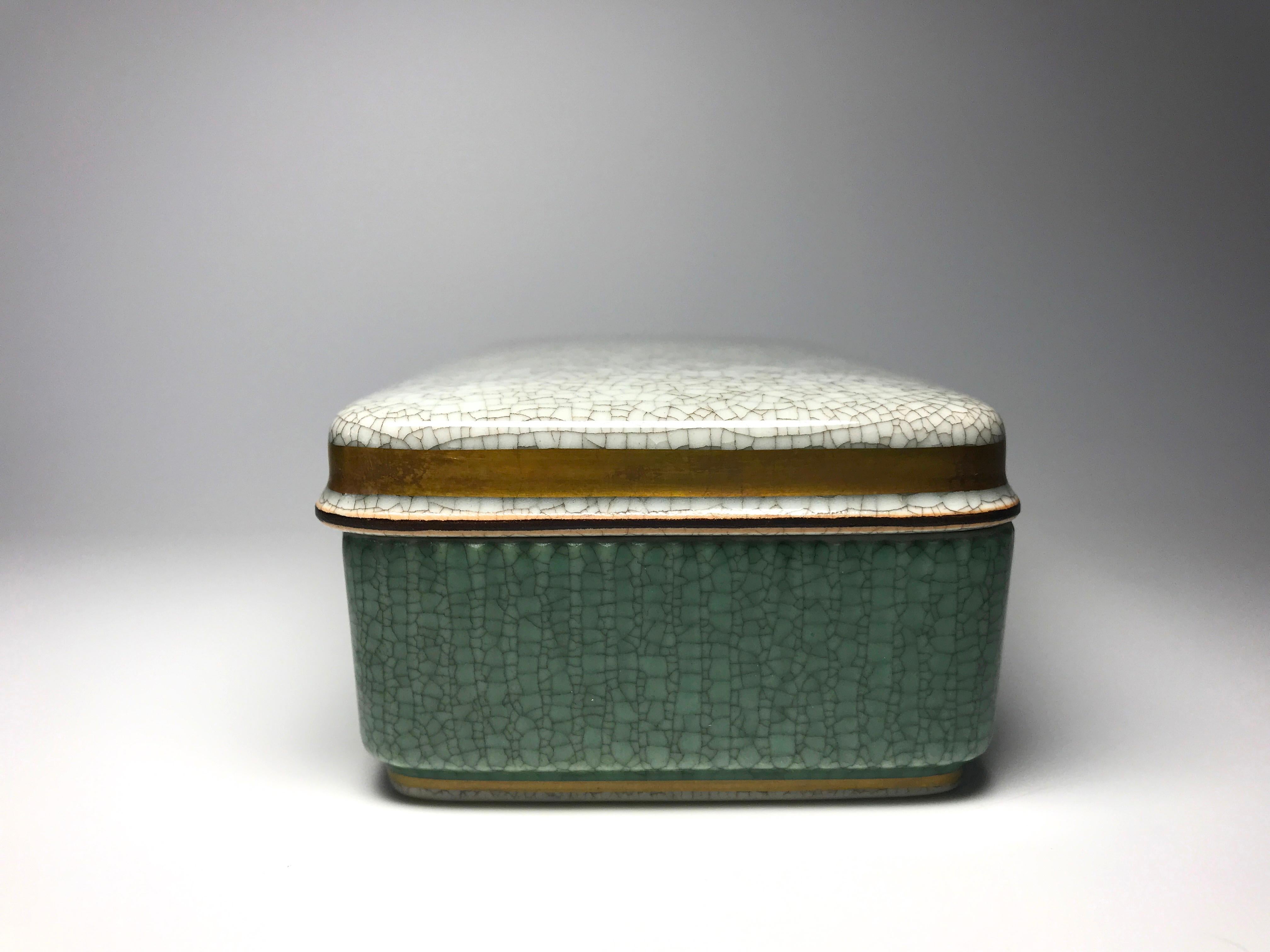 Royal Copenhagen Art Deco Green, Gilt 1959 Crackle Glaze Lidded Desk Box #3630 In Good Condition In Rothley, Leicestershire