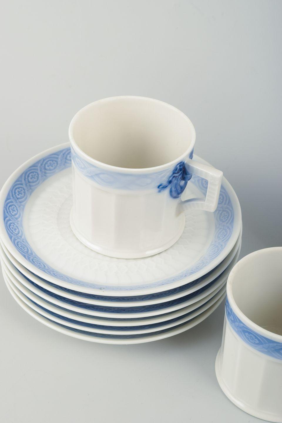 PRE-OWNED GOODS ARE EXEMPT FROM IMPORT TARIFFS FOR U.S., UK, AUSTRALIAN & CANADIAN CUSTOMERS.   
THEREFORE, NO IMPORT TARIFFS WILL BE APPLICABLE TO YOUR PURCHASE. 

Royal Copenhagen Blue Fan, six coffee cups with matching saucers.
Circa