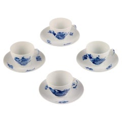 Vintage Royal Copenhagen, Blue Flower Braided, four coffee cups with saucers.