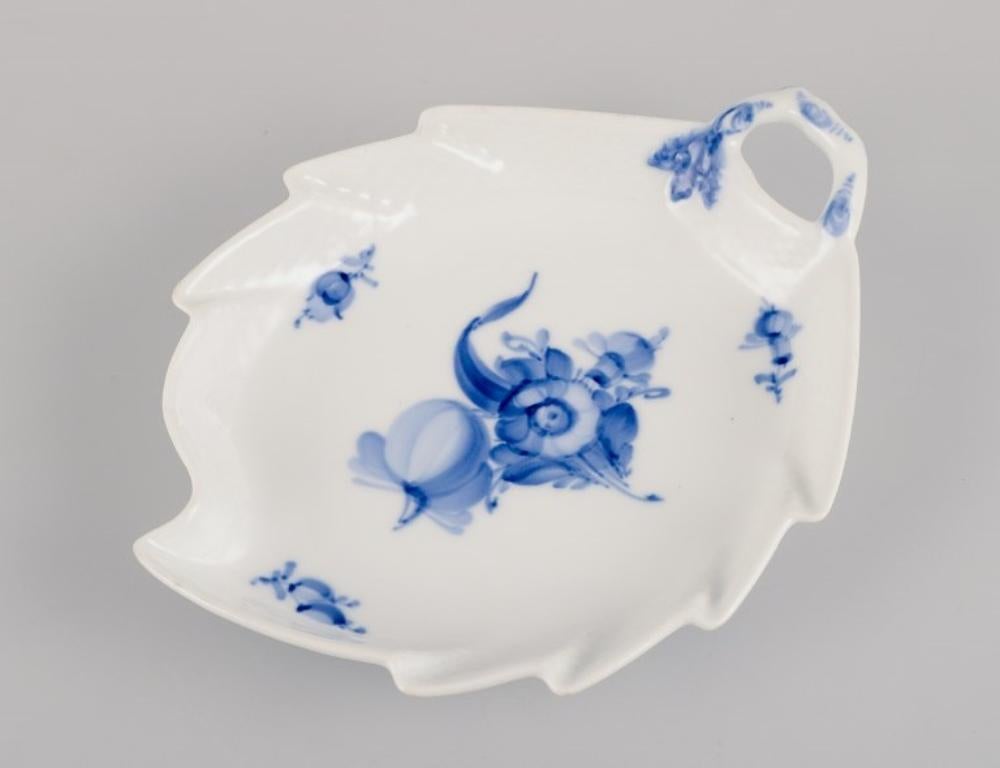 Hand-Painted Royal Copenhagen, Blue Flower Braided, leaf-shaped dish with handle. For Sale