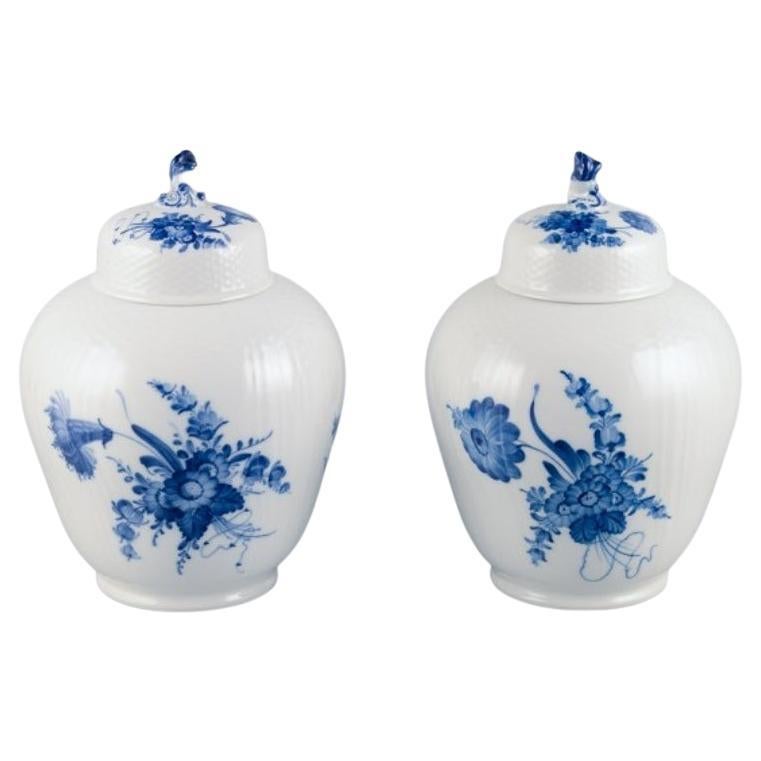 Royal Copenhagen Blue Flower Curved, a pair of lidded jars in porcelain