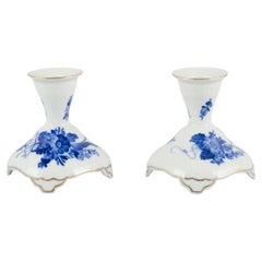Royal Copenhagen Blue Flower Curved. Pair of low candlesticks in porcelain.