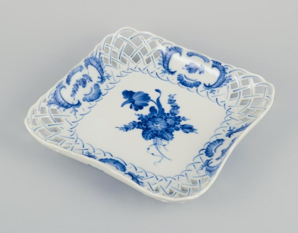 Danish Royal Copenhagen Blue Flower. Open lace square bowl. Hand-painted.  For Sale