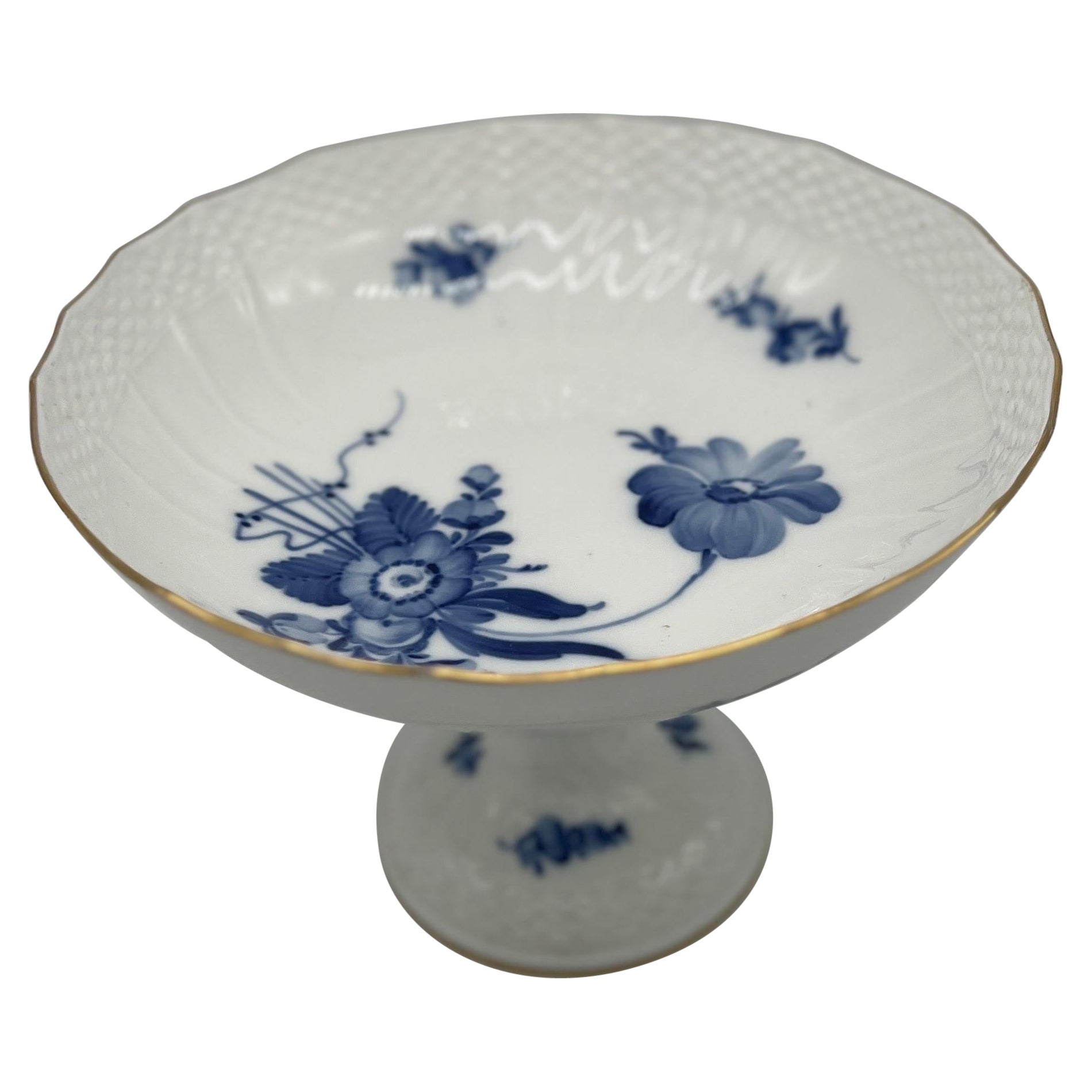 Royal Copenhagen "Blue Flowers" Stand à compote ou à gâteau en porcelaine à bord doré