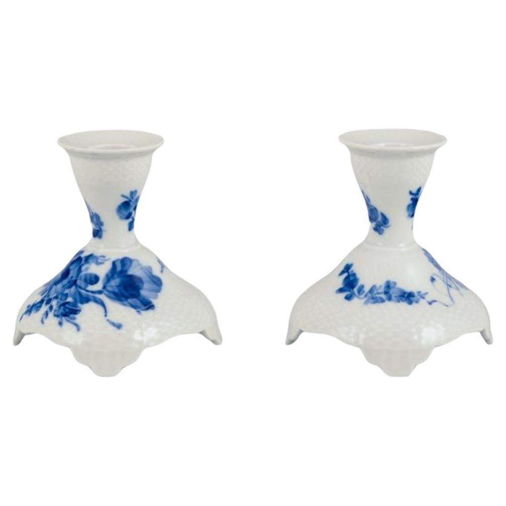 Royal Copenhagen Blue Fluted Curved. A pair of candlesticks in porcelain. For Sale