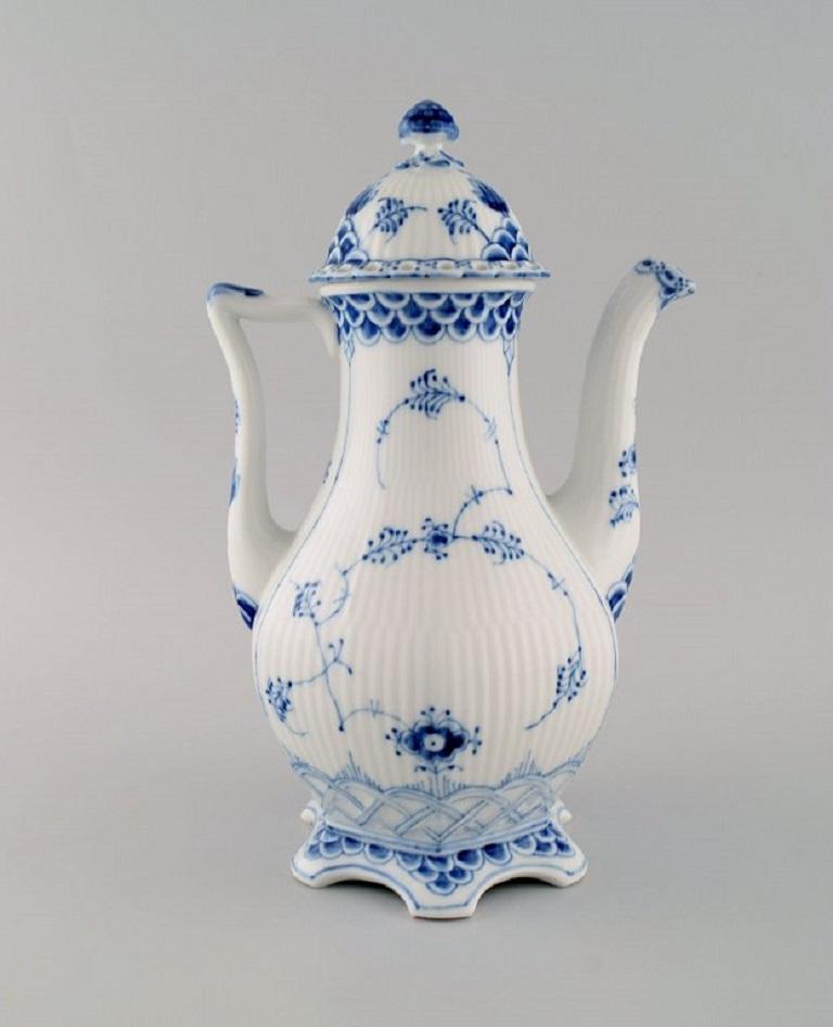 Hand-Painted Royal Copenhagen Blue Fluted Full Lace Coffee Pot in Porcelain For Sale