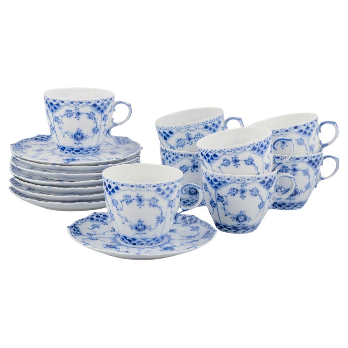 Royal Copenhagen Blue Fluted Full Lace, eight pairs of coffee cups with saucers