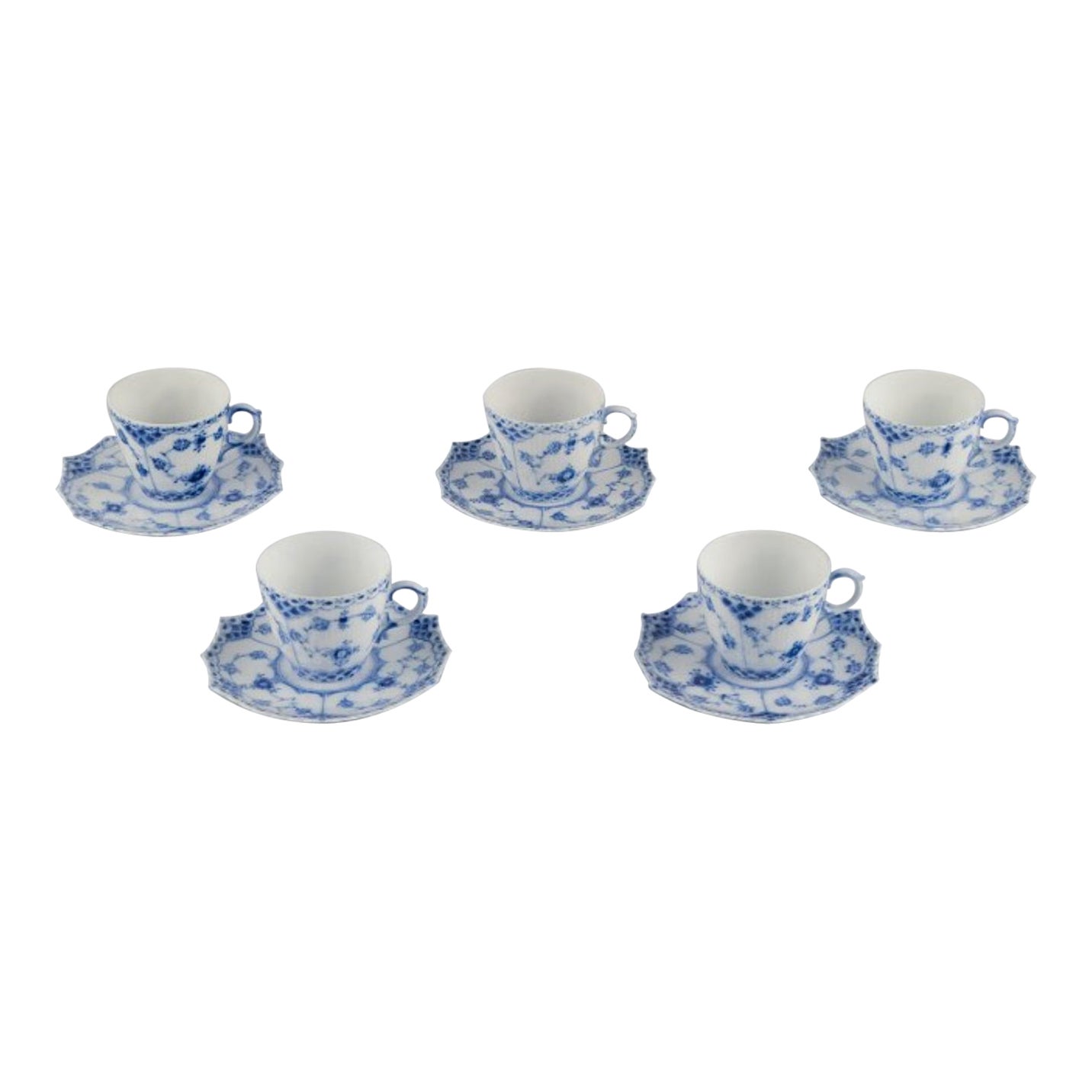 Royal Copenhagen Blue Fluted Full Lace. Five demitasse cups and saucers.