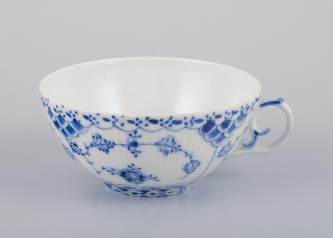 Danish Royal Copenhagen Blue Fluted Full Lace, four large tea cups with saucers.