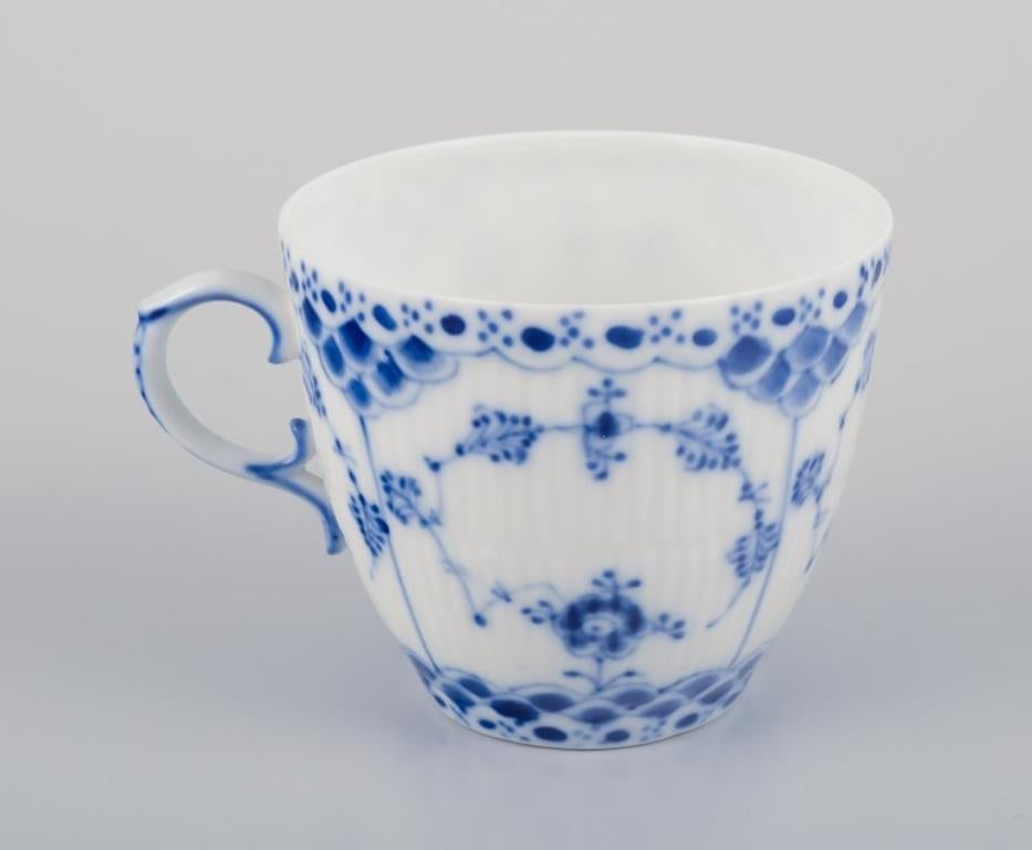 Hand-Painted Royal Copenhagen Blue Fluted Full Lace, six pairs of coffee cups with saucers.
