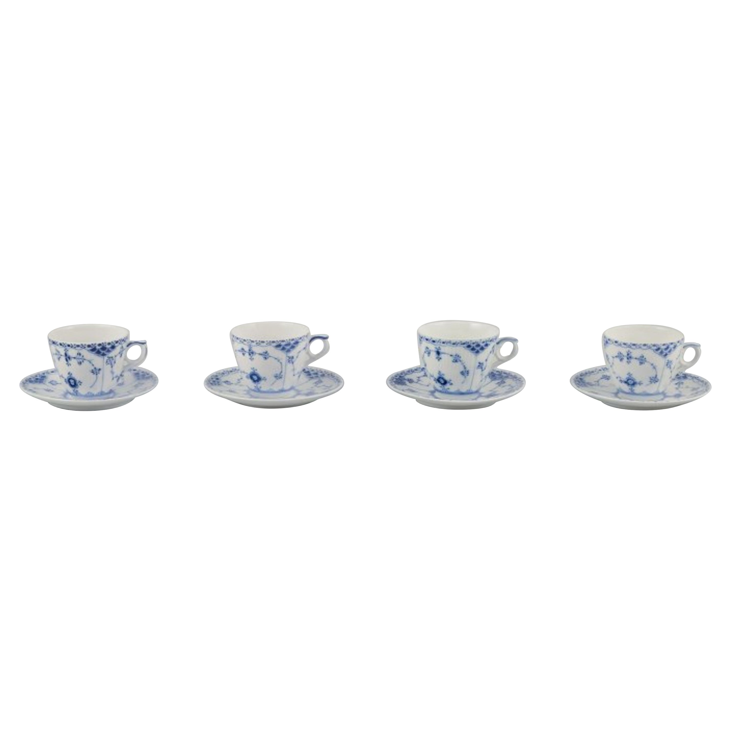 Royal Copenhagen Blue Fluted Half Lace. A set of four coffee cups & saucers.