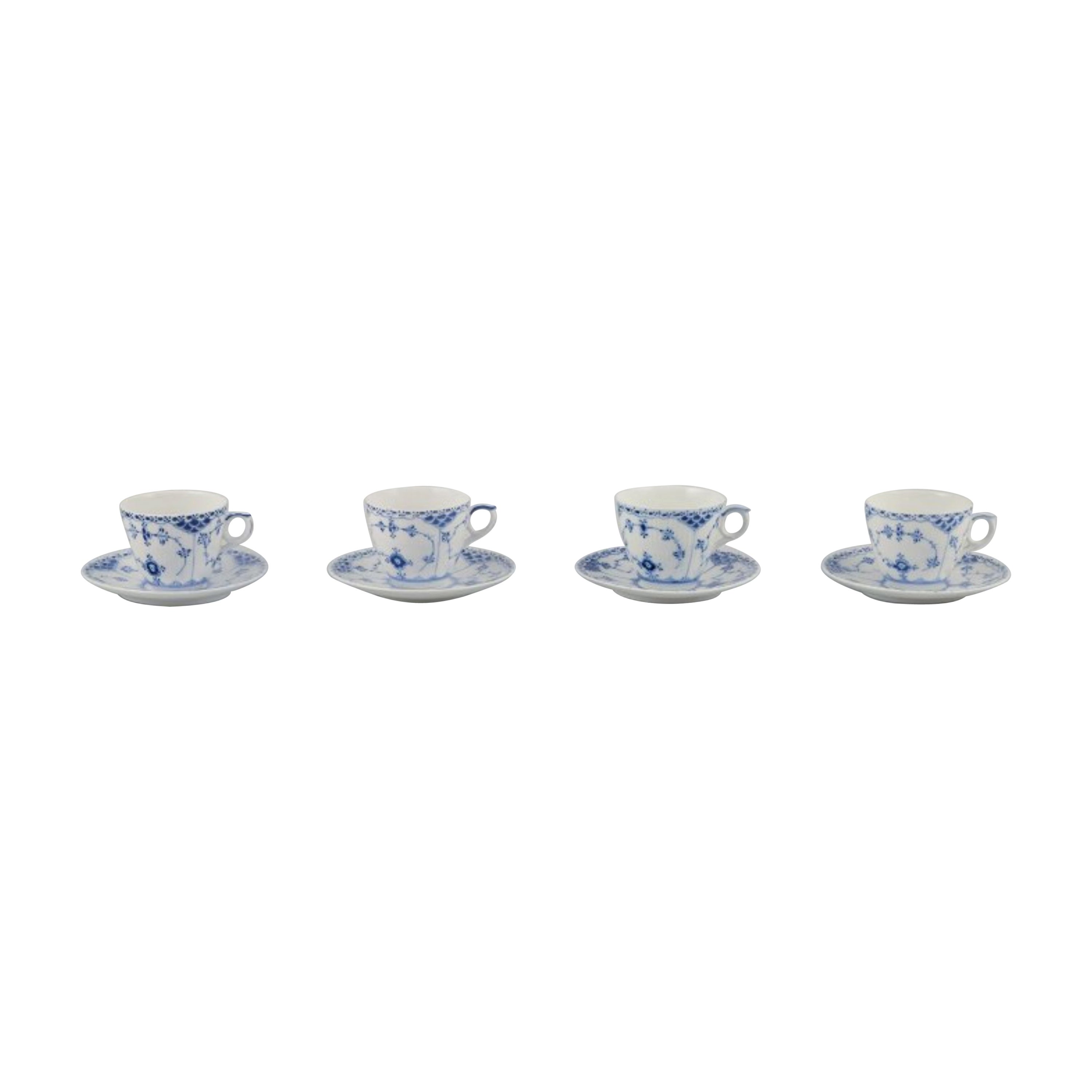 Royal Copenhagen Blue Fluted Half Lace. A set of four coffee cups with saucers.