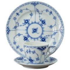 Royal Copenhagen, Blue Fluted Half Lace, Breakfast Trio