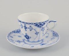 Royal Copenhagen Blue Fluted Half Lace. Four coffee cups with saucers.