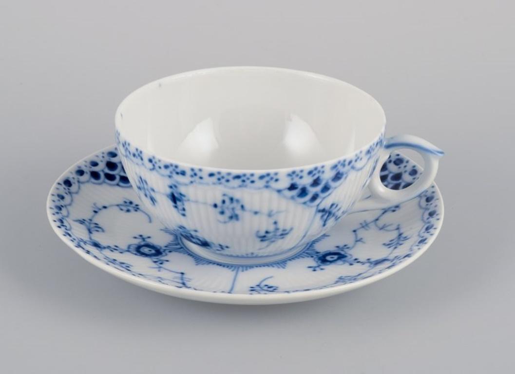 Danish Royal Copenhagen, Blue Fluted Half Lace, Four Pairs of Teacups