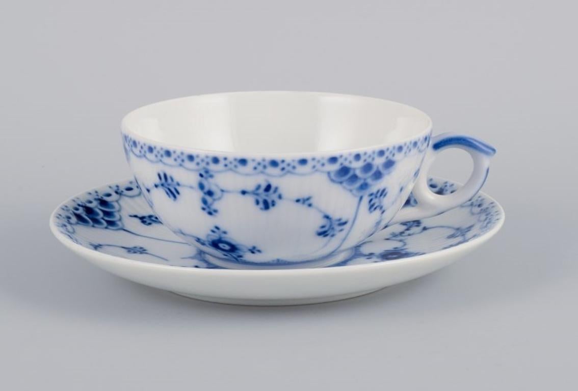 Danish Royal Copenhagen, Blue Fluted Half Lace, Four Pairs of Teacups, Model 1/525