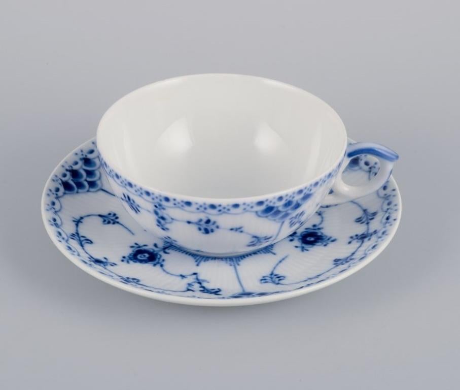 Hand-Painted Royal Copenhagen, Blue Fluted Half Lace, Four Pairs of Teacups, Model 1/525