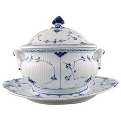 Antique Royal Copenhagen Blue Fluted Half Lace Large Lidded Tureen # 1/602 on Stand