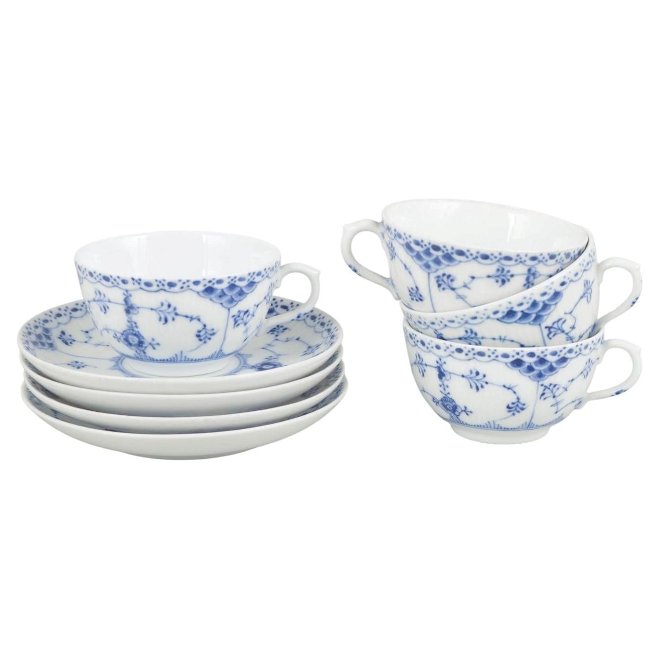 Royal Copenhagen, Blue Fluted Half Lace. Set of four coffee cups with saucers.