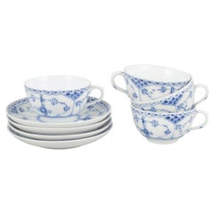 Royal Copenhagen, Blue Fluted Half Lace. Set of four coffee cups with saucers.