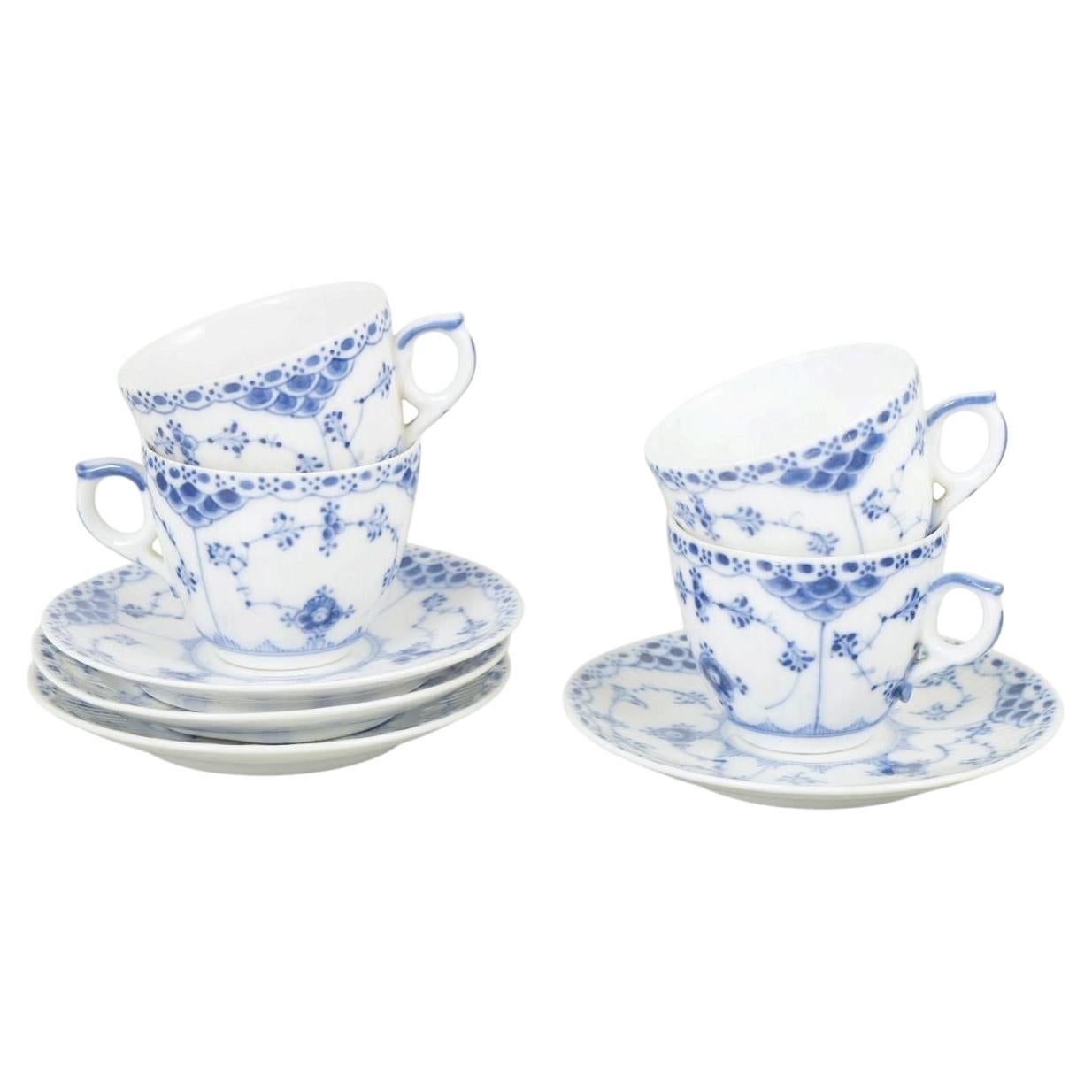 Royal Copenhagen Blue Fluted Half Lace. Set of four coffee cups with saucers.