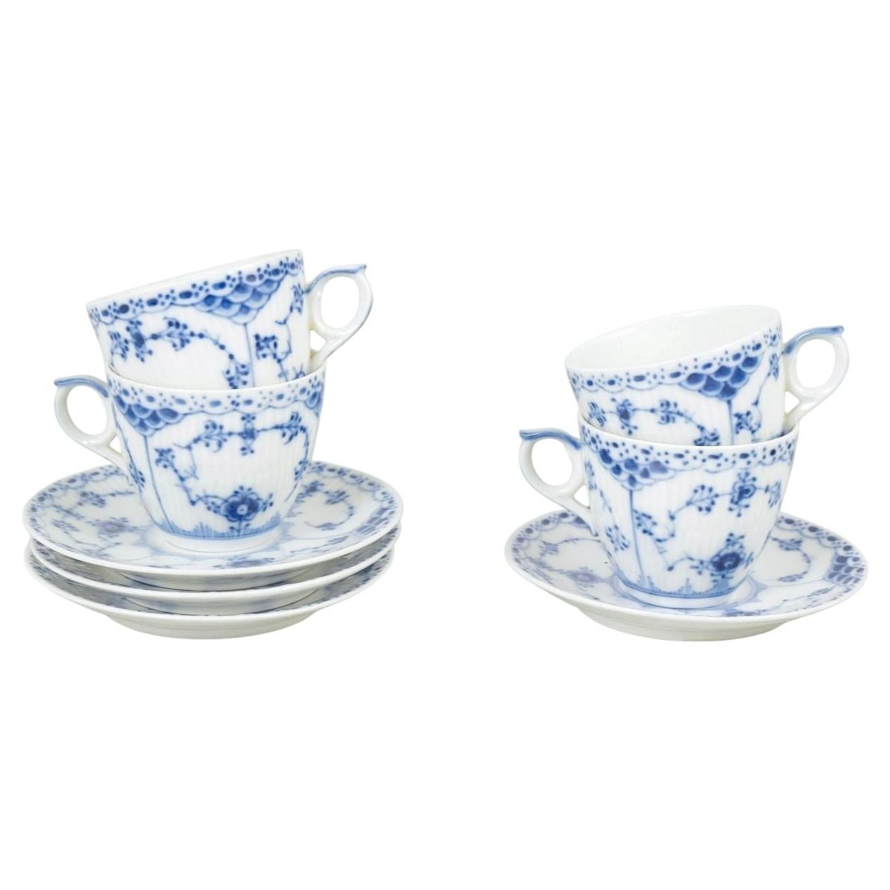 Royal Copenhagen Blue Fluted Half Lace. Set of four coffee cups with saucers.
