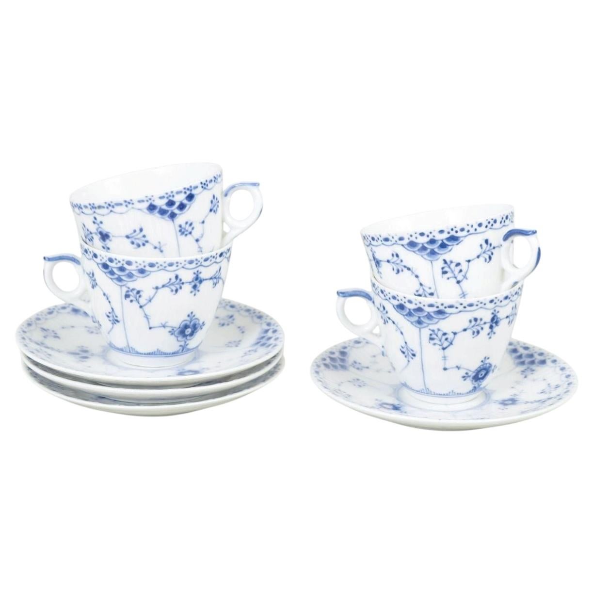 Royal Copenhagen Blue Fluted Half Lace. Set of four coffee cups with saucers.