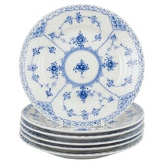 Royal Copenhagen Blue Fluted Half Lace, set of six cake plates in porcelain.