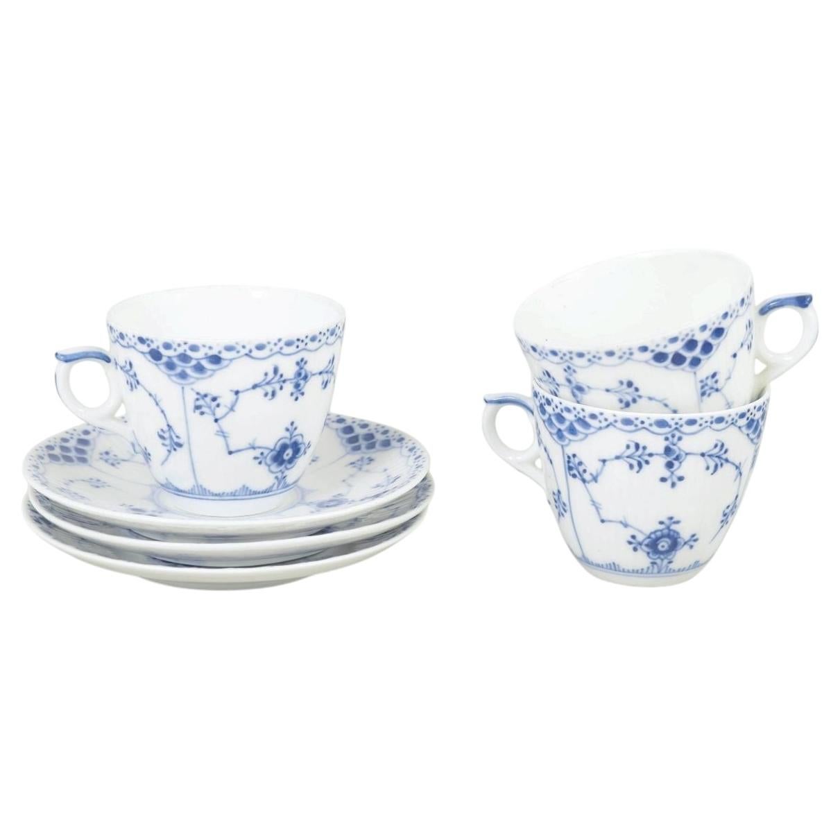 Royal Copenhagen Blue Fluted Half Lace. Set of three coffee cups with saucers.