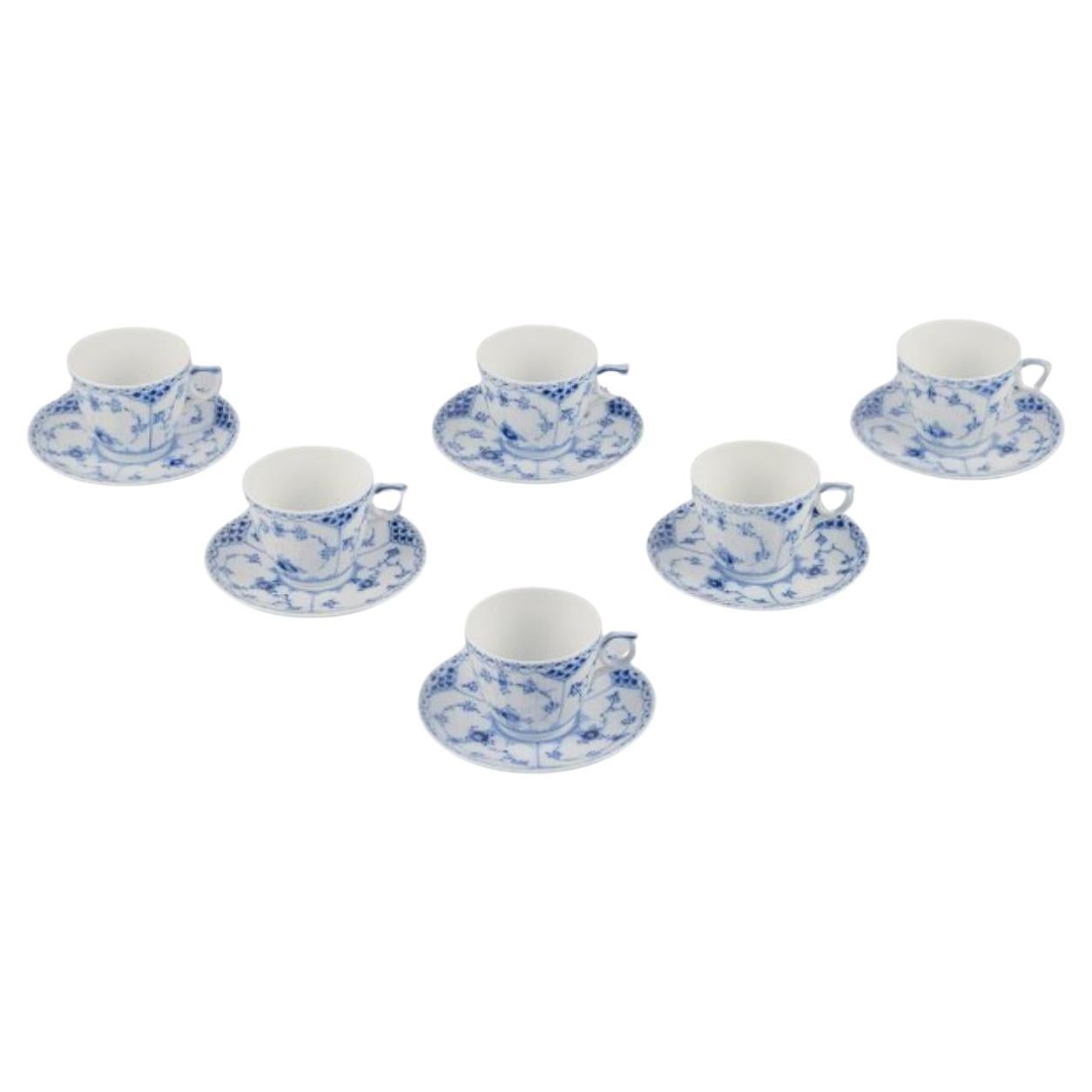 Royal Copenhagen Blue Fluted Half Lace. Six pairs of coffee cups with saucers.