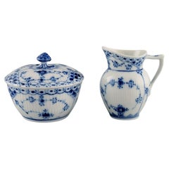 Vintage Royal Copenhagen Blue Fluted Half Lace Sugar Bowl and Creamer, Mid-20th C.
