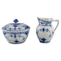 Royal Copenhagen Blue Fluted Half Lace Sugar Bowl and Creamer, Mid-20th C.