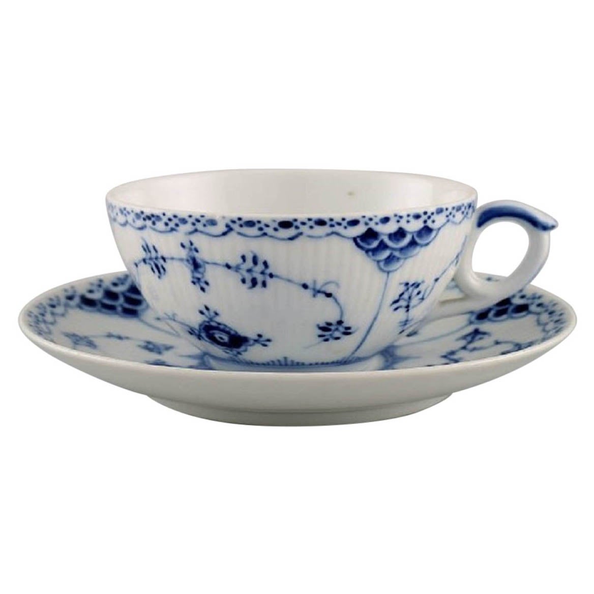 Royal Copenhagen Blue Fluted Half Lace Teacup with Saucer, Model Number 1/525 For Sale