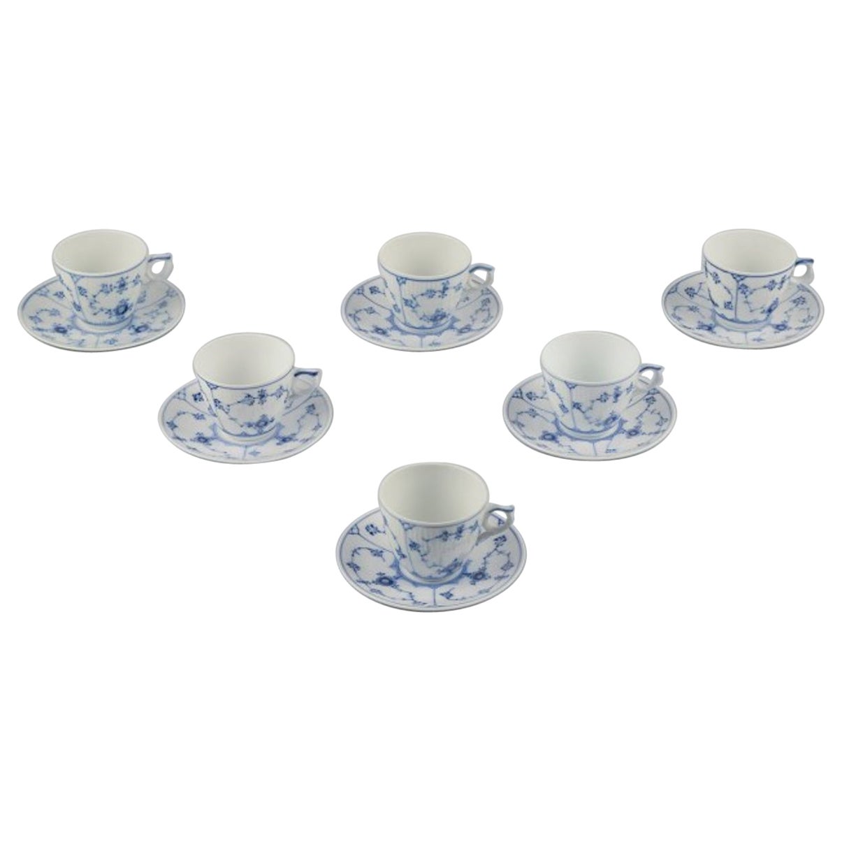 Royal Copenhagen Blue Fluted Plain. A set of six coffee cups with saucers.