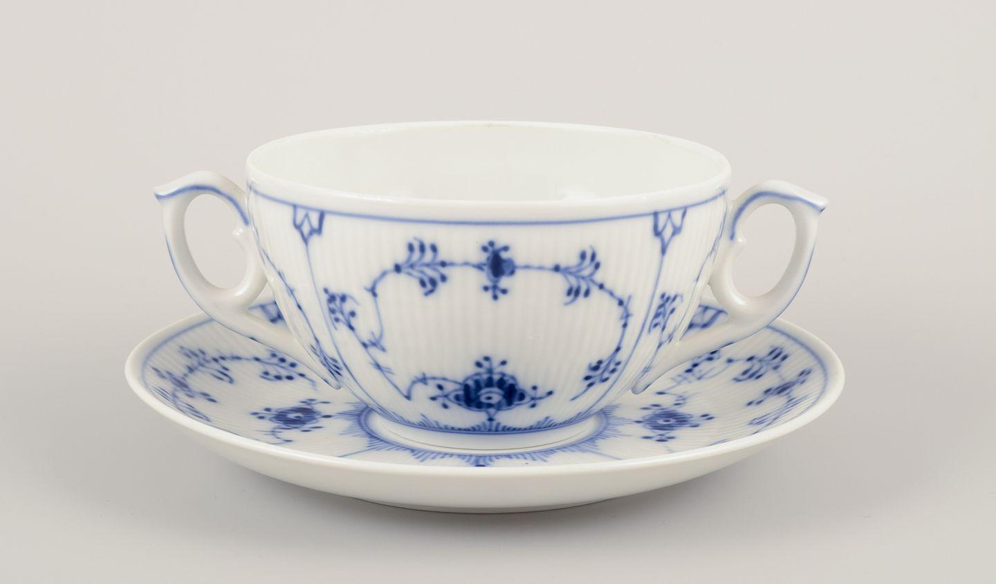 PRE-OWNED GOODS ARE EXEMPT FROM IMPORT TARIFFS FOR U.S., UK, AUSTRALIAN & CANADIAN CUSTOMERS.   
THEREFORE, NO IMPORT TARIFFS WILL BE APPLICABLE TO YOUR PURCHASE. 

Royal Copenhagen Blue Fluted Plain.
A set of four bouillon cups with matching