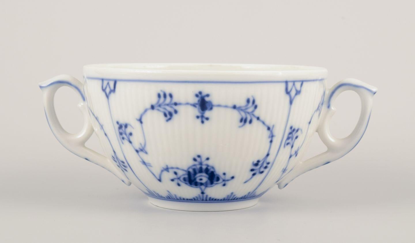Danish Royal Copenhagen Blue Fluted Plain. Set of four bouillon cups with saucers For Sale