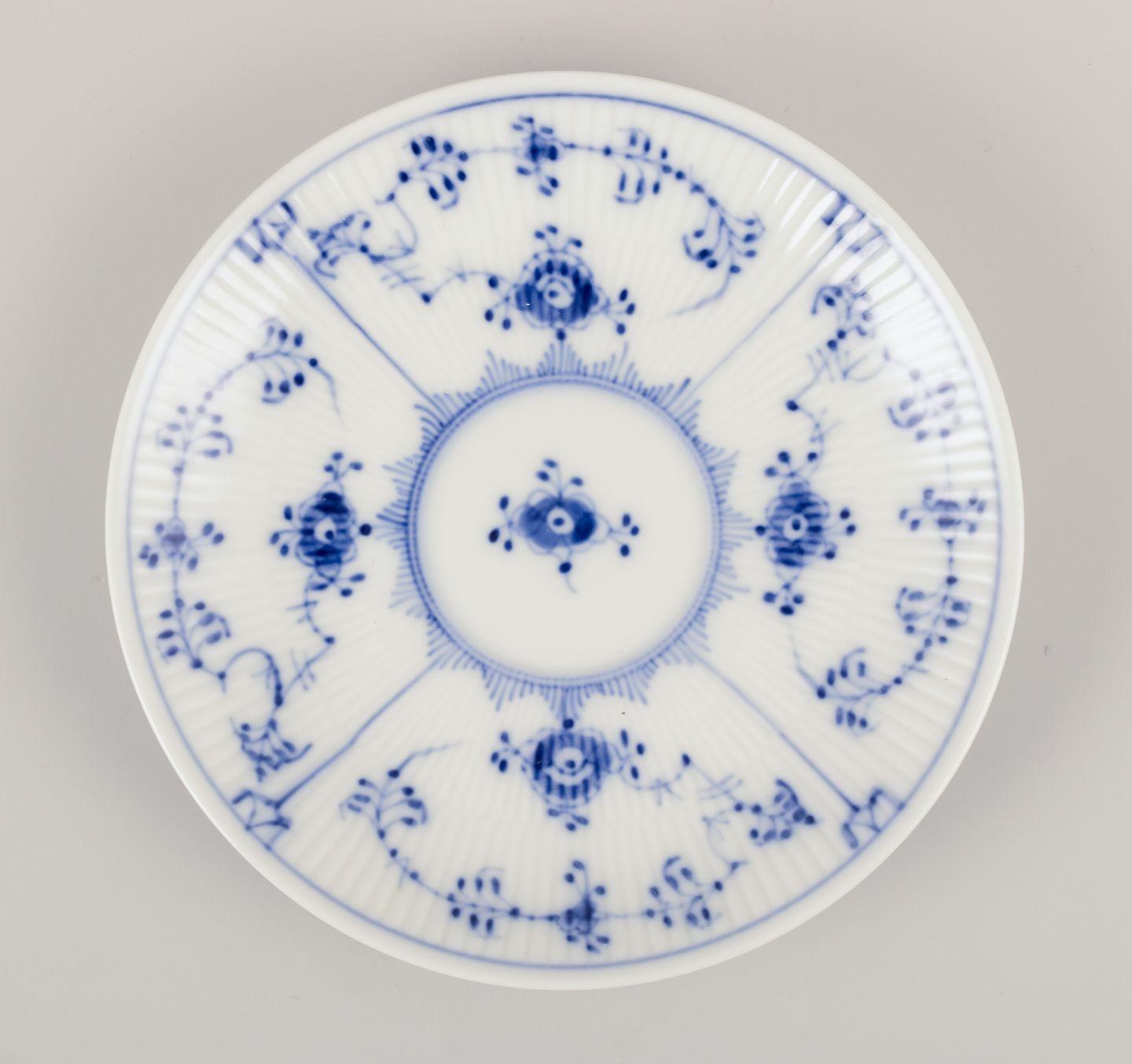 Porcelain Royal Copenhagen Blue Fluted Plain. Set of four bouillon cups with saucers For Sale