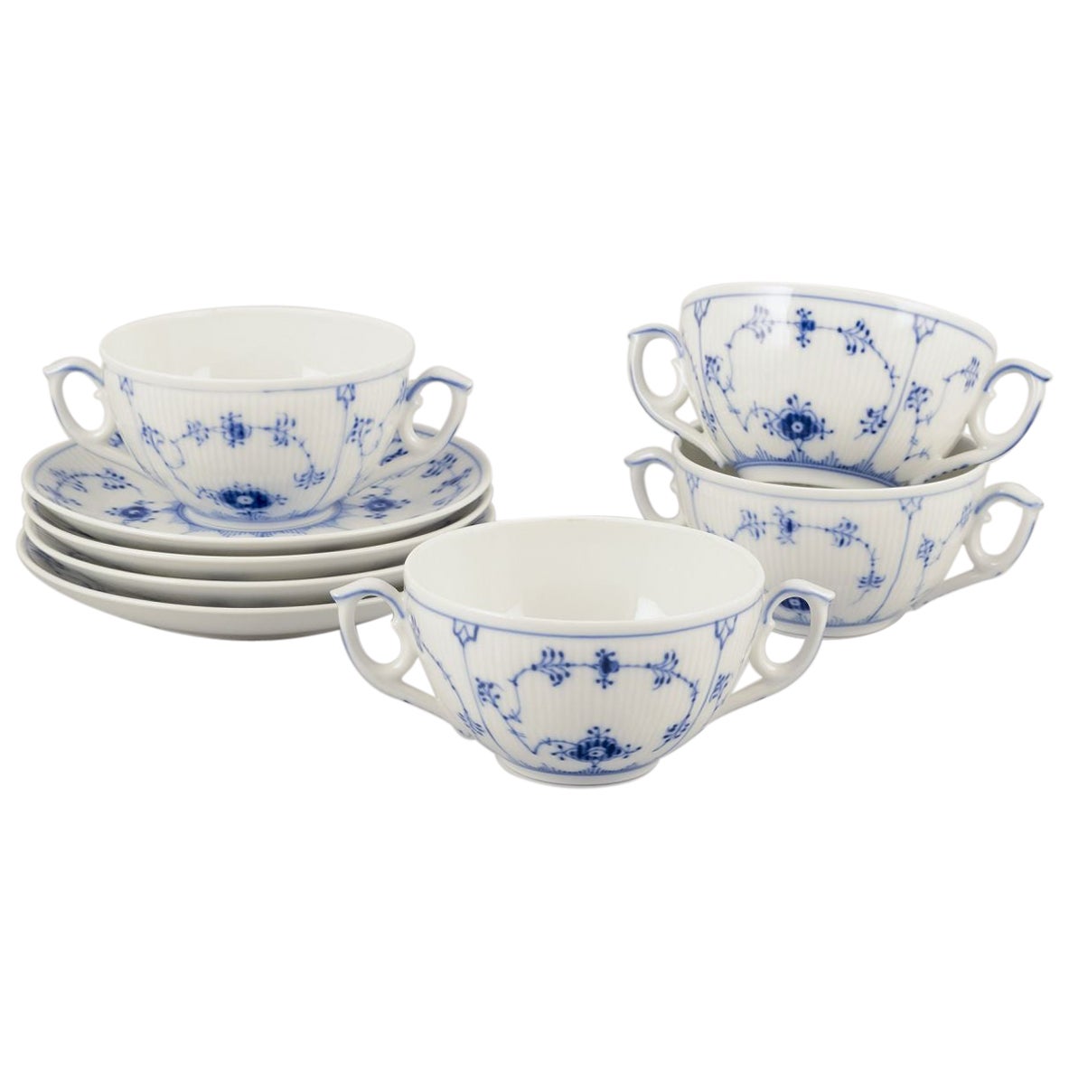 Royal Copenhagen Blue Fluted Plain. Set of four bouillon cups with saucers For Sale