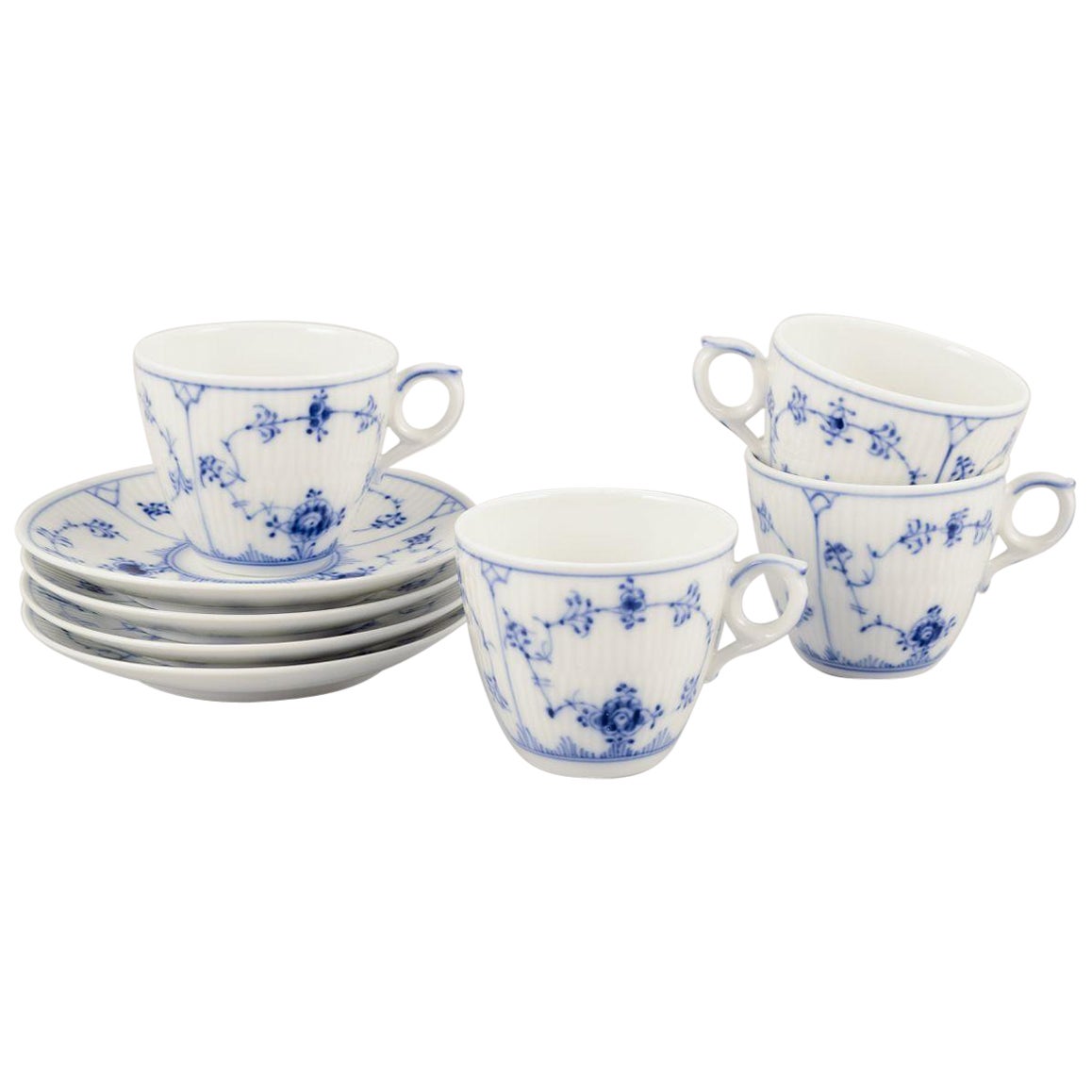 Royal Copenhagen Blue Fluted Plain. Set of four coffee cups with saucers.