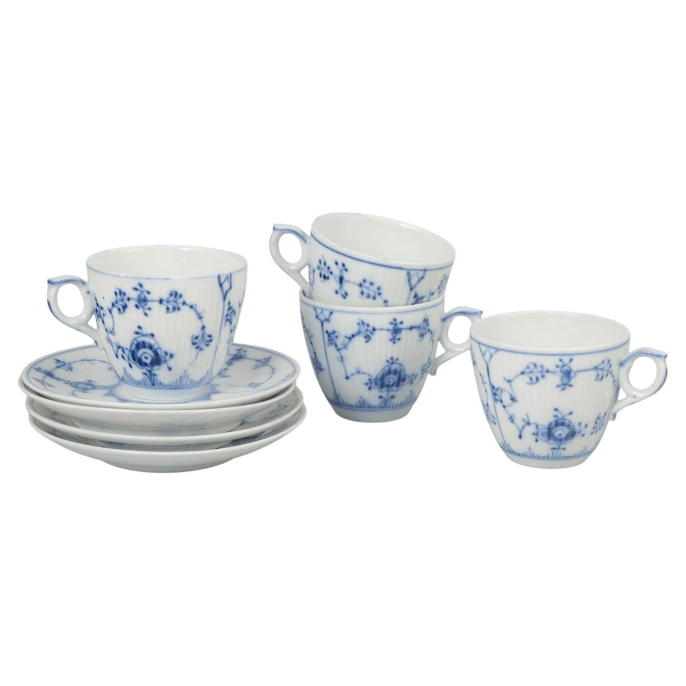 Royal Copenhagen Blue Fluted Plain. Set of four porcelain coffee cups & saucers. For Sale