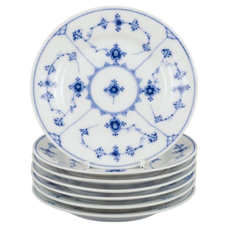 Royal Copenhagen Plato Llano Acanalado Azul, juego de siete platos para tarta de porcelana.