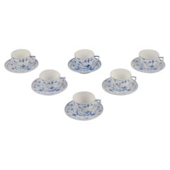 Royal Copenhagen Blue Fluted Plain. Set of six coffee cups with matching saucers