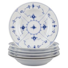 Royal Copenhagen Blue Fluted Plain. Set of six deep plates. Hand-painted in blue