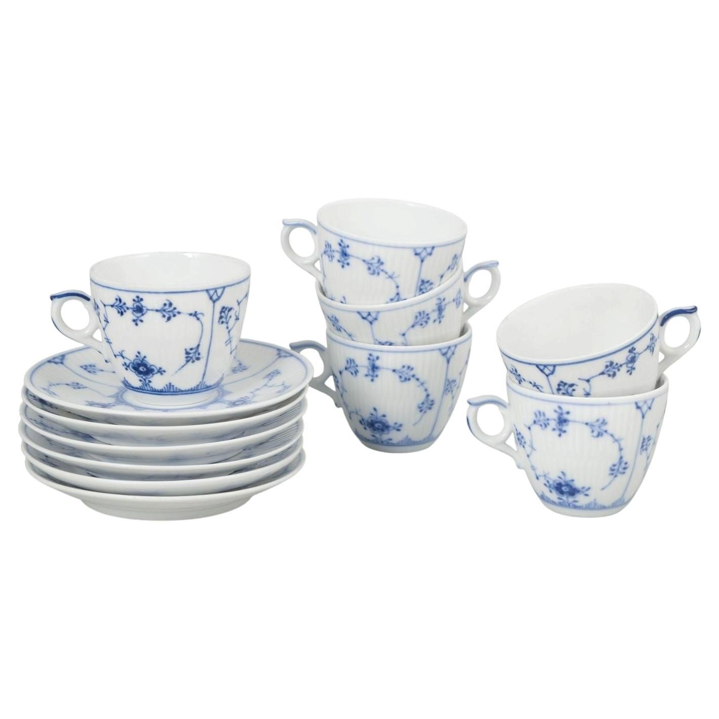 Royal Copenhagen Blue Fluted Plain. Set of six porcelain coffee cups & saucers.