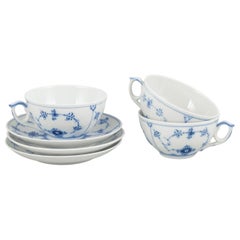 Royal Copenhagen, Blue Fluted Plain. Set of three tea cups with saucers