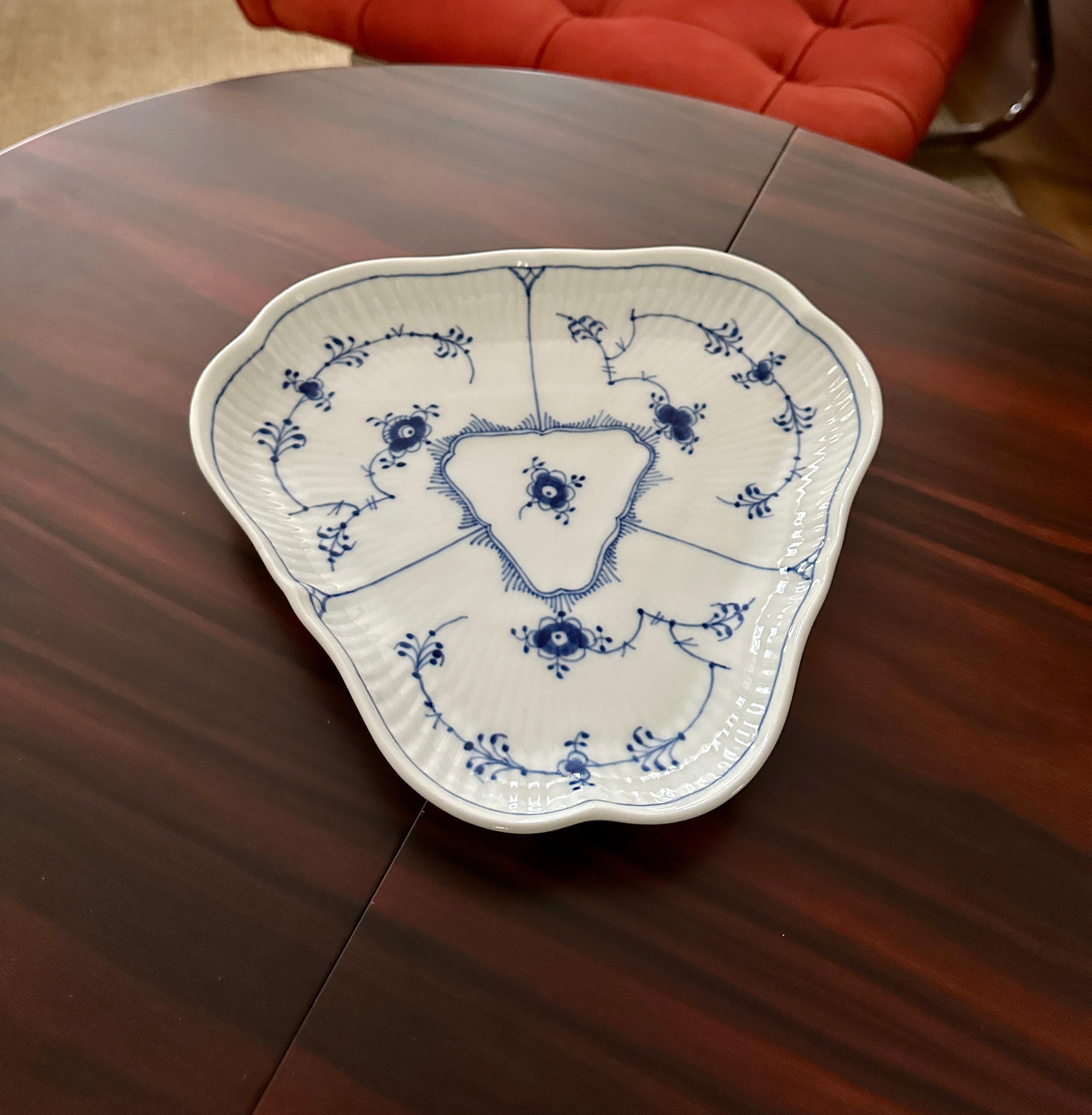 Scandinavian Modern Royal Copenhagen Blue Fluted Plain Triangular Dish, Made In Denmark