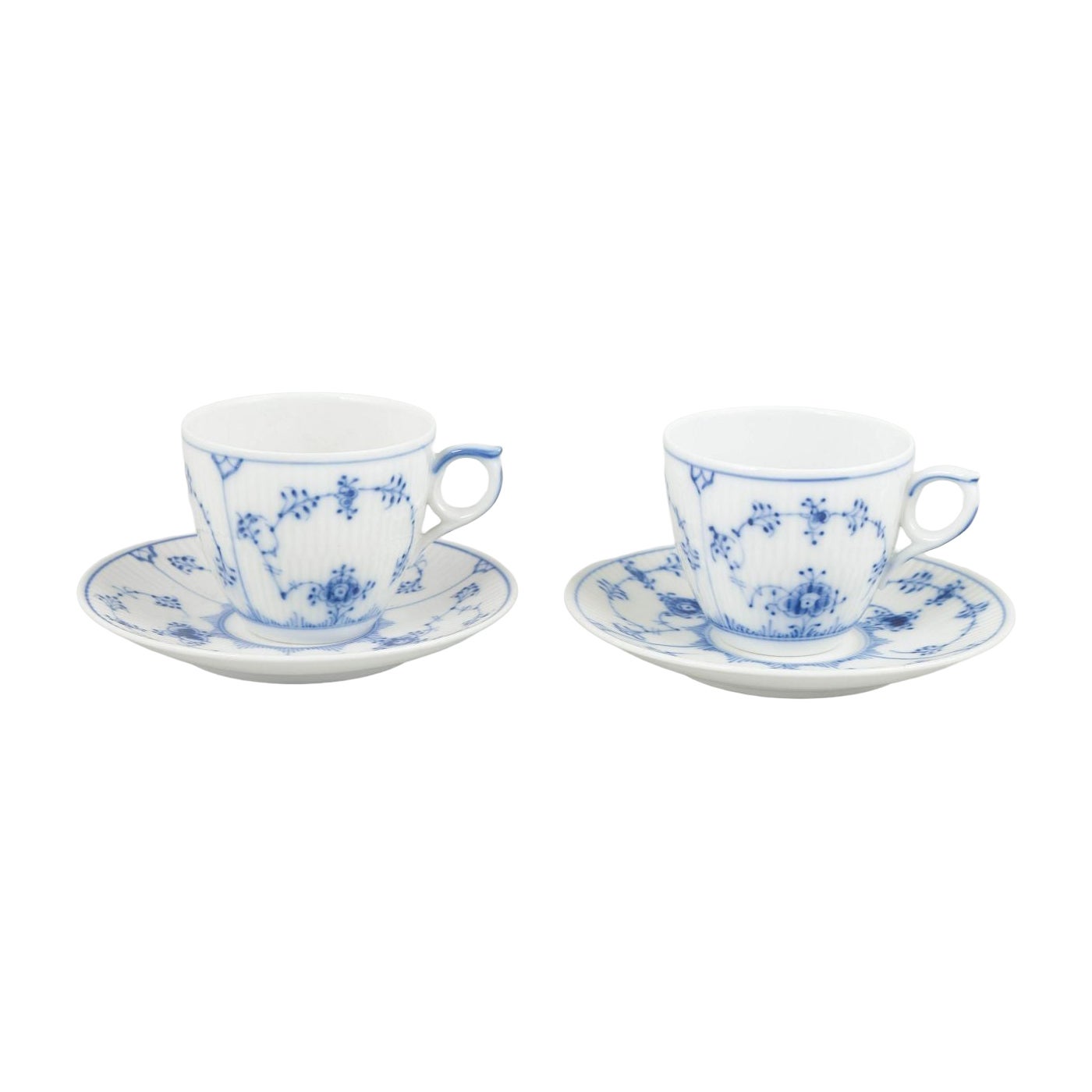 Royal Copenhagen, Blue Fluted Plain. Two porcelain coffee cups with saucers.