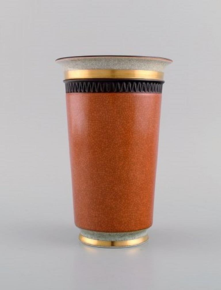 Danish Royal Copenhagen, Bowl and Vase in Crackle Porcelain in Gold and Orange